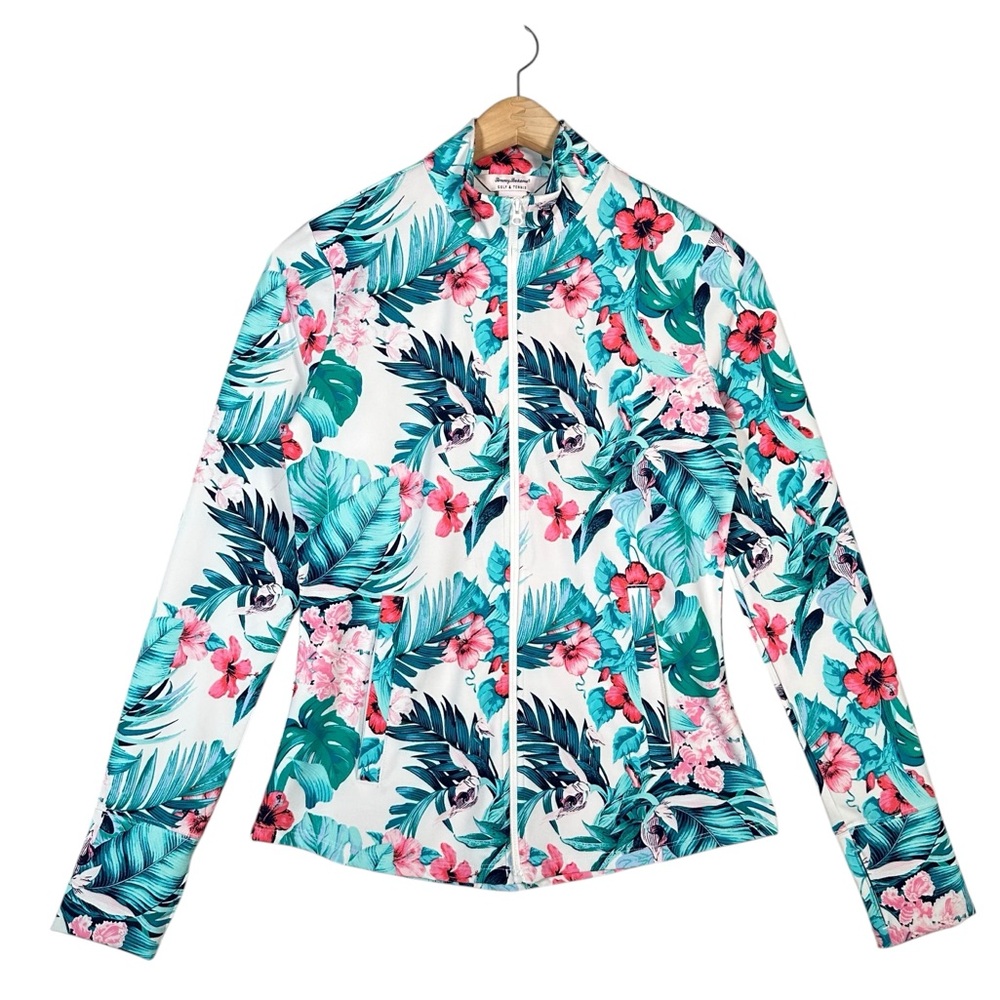 TOMMY BAHAMA Golf & Tennis Tropical Floral Palm Zip-Up Activewear Jacket - Picture 2 of 9